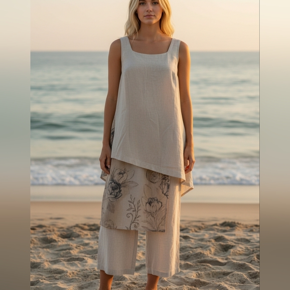 Ell Jay blend linen beige dress blue flower print Made in Canada size 11/12